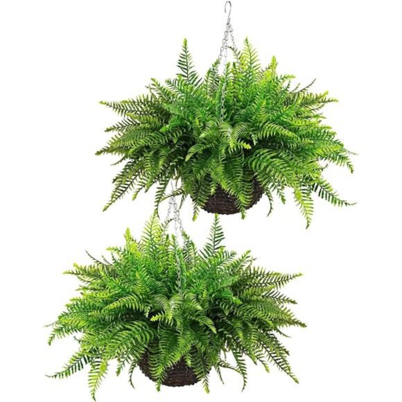 Fake Hanging Plant- 23in Boston Ferns Greenery Plants Artificial Persian Rattan